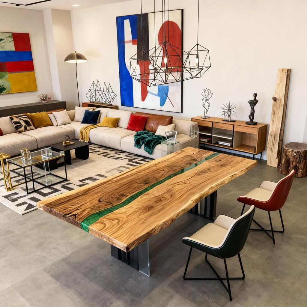 Table rivière personnalisée en résine époxy et noyer vert émeraude JXT-642