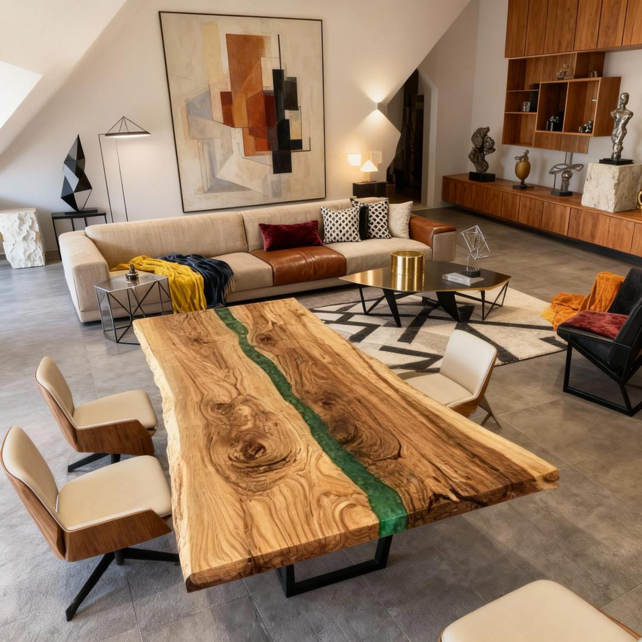 Table rivière personnalisée en résine époxy et noyer vert émeraude JXT-642