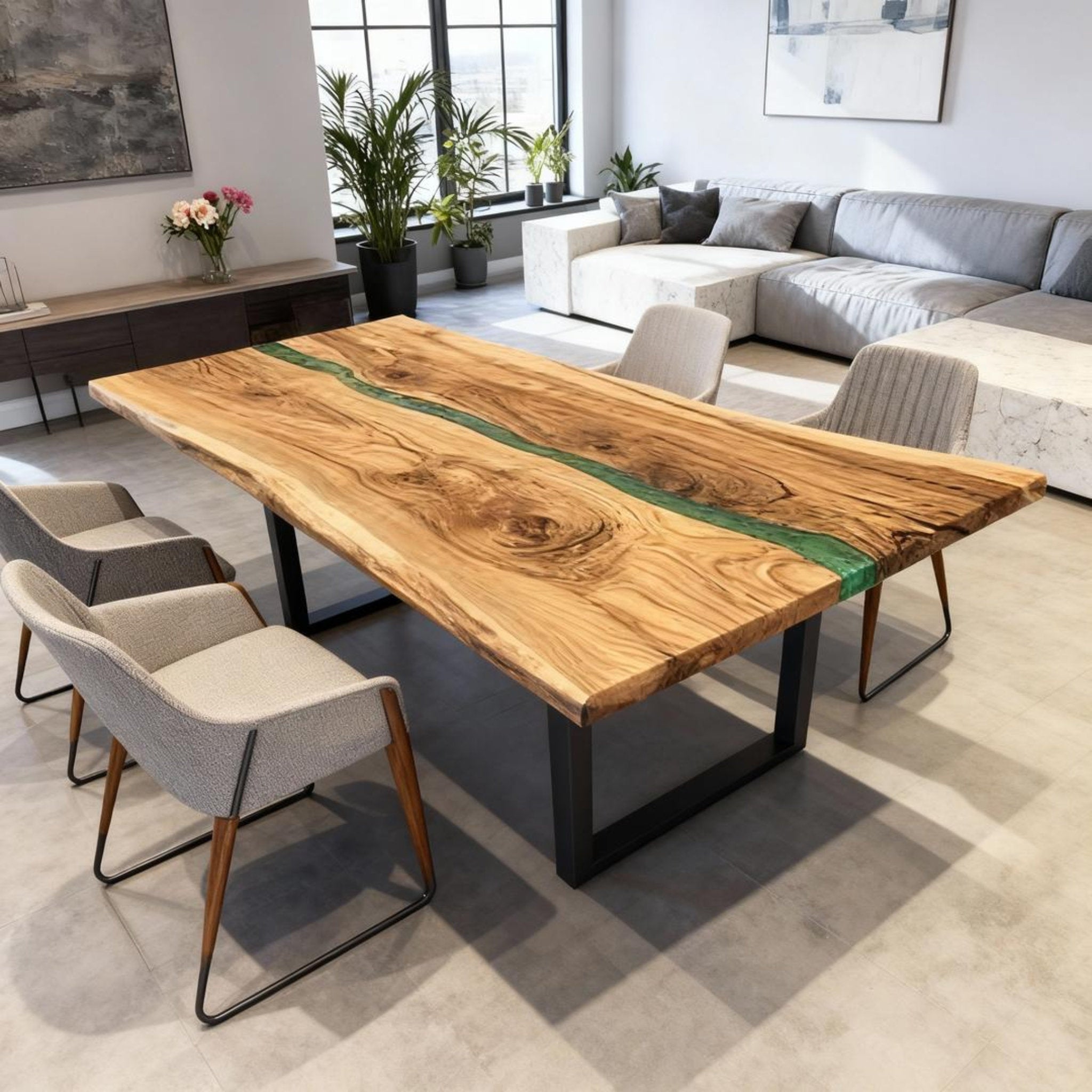 Table rivière personnalisée en résine époxy et noyer vert émeraude JXT-642