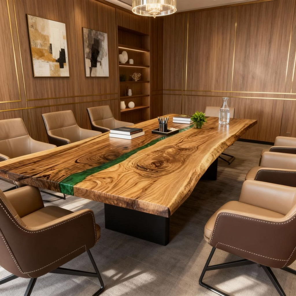 Table rivière personnalisée en résine époxy noyer vert émeraude KPX-572