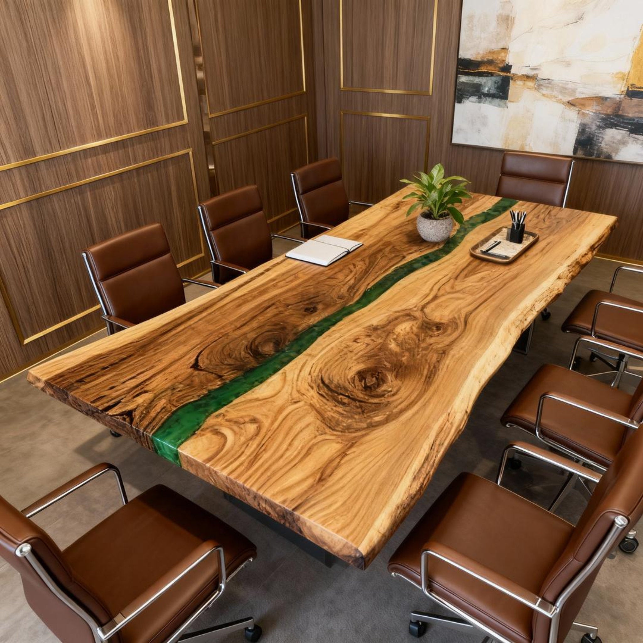 Table rivière personnalisée en résine époxy noyer vert émeraude KPX-572