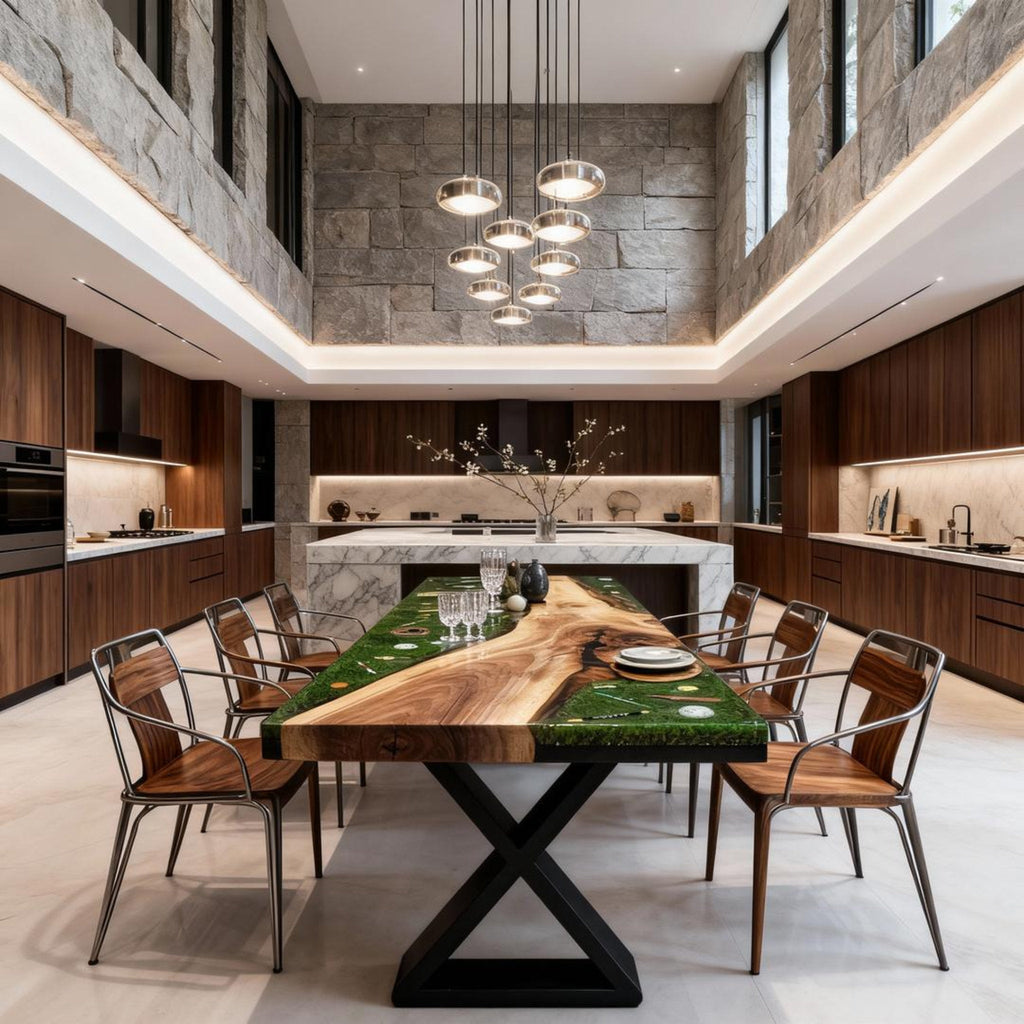 Table rivière personnalisée en résine époxy noyer vert émeraude QJP-742