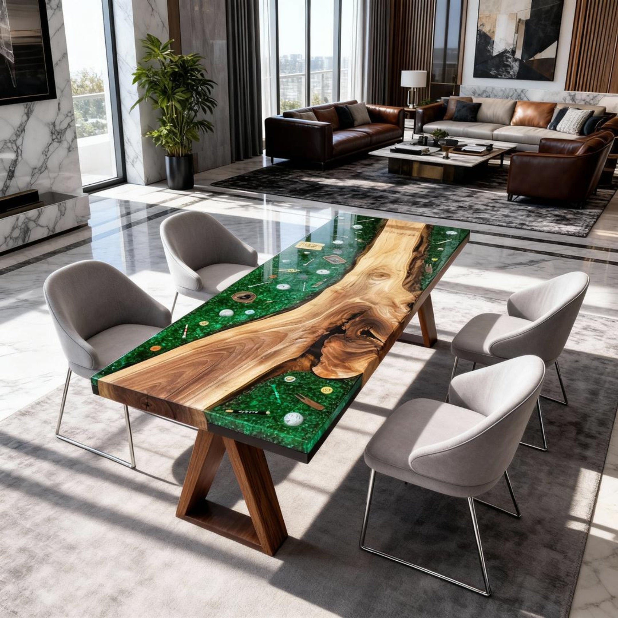 Table rivière personnalisée en résine époxy noyer vert émeraude QJP-742