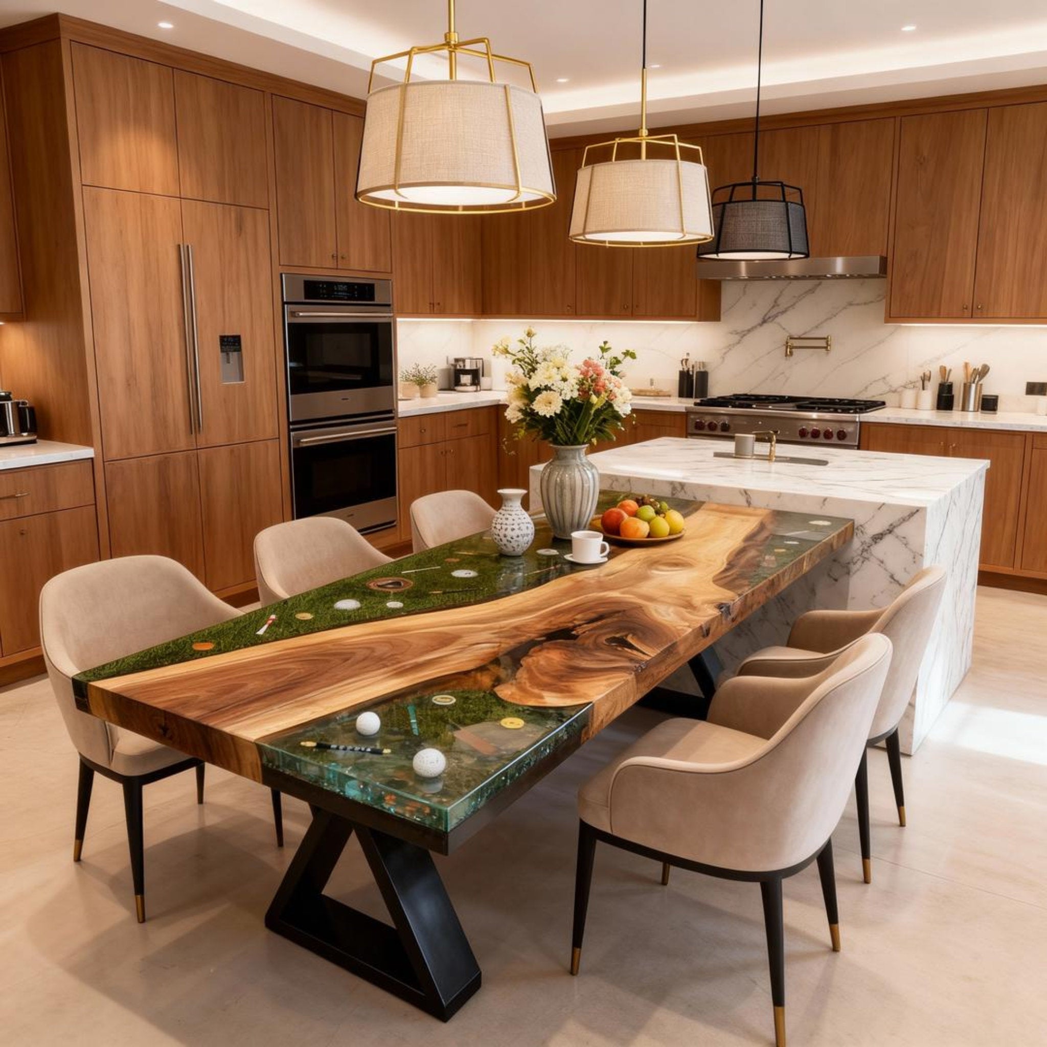 Table rivière personnalisée en résine époxy noyer vert émeraude QJP-742