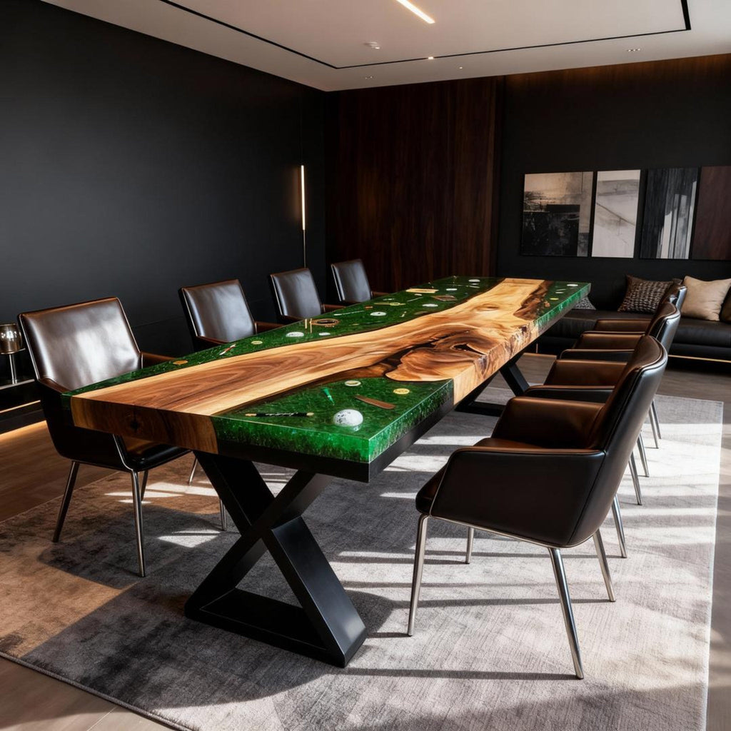 Table rivière personnalisée en résine époxy noyer vert émeraude QJP-742