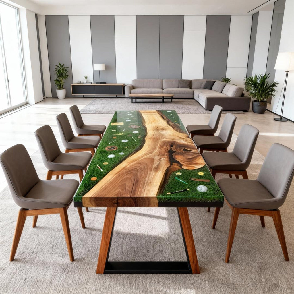 Table rivière personnalisée en résine époxy noyer vert émeraude QJP-742