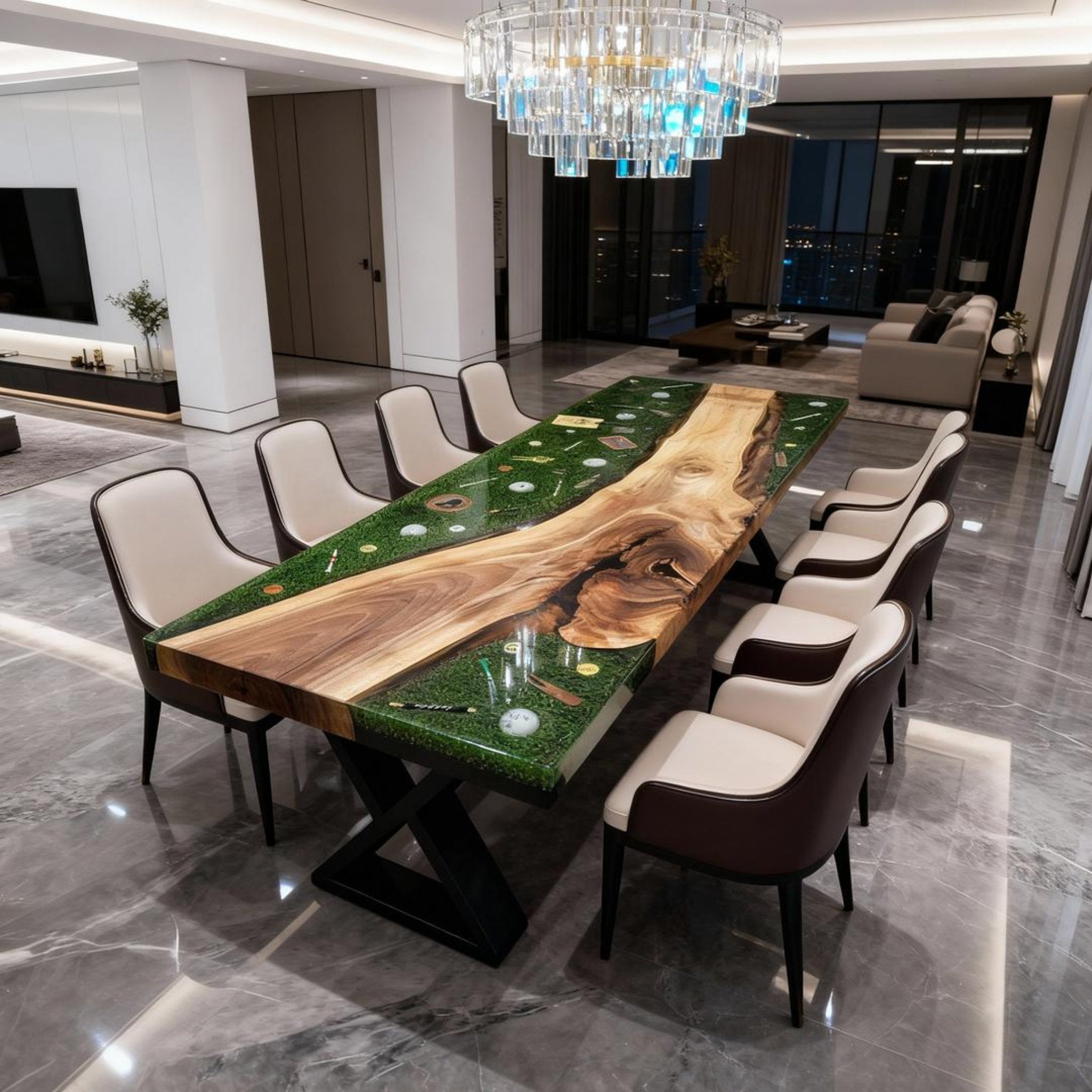 Table rivière personnalisée en résine époxy noyer vert émeraude QJP-742