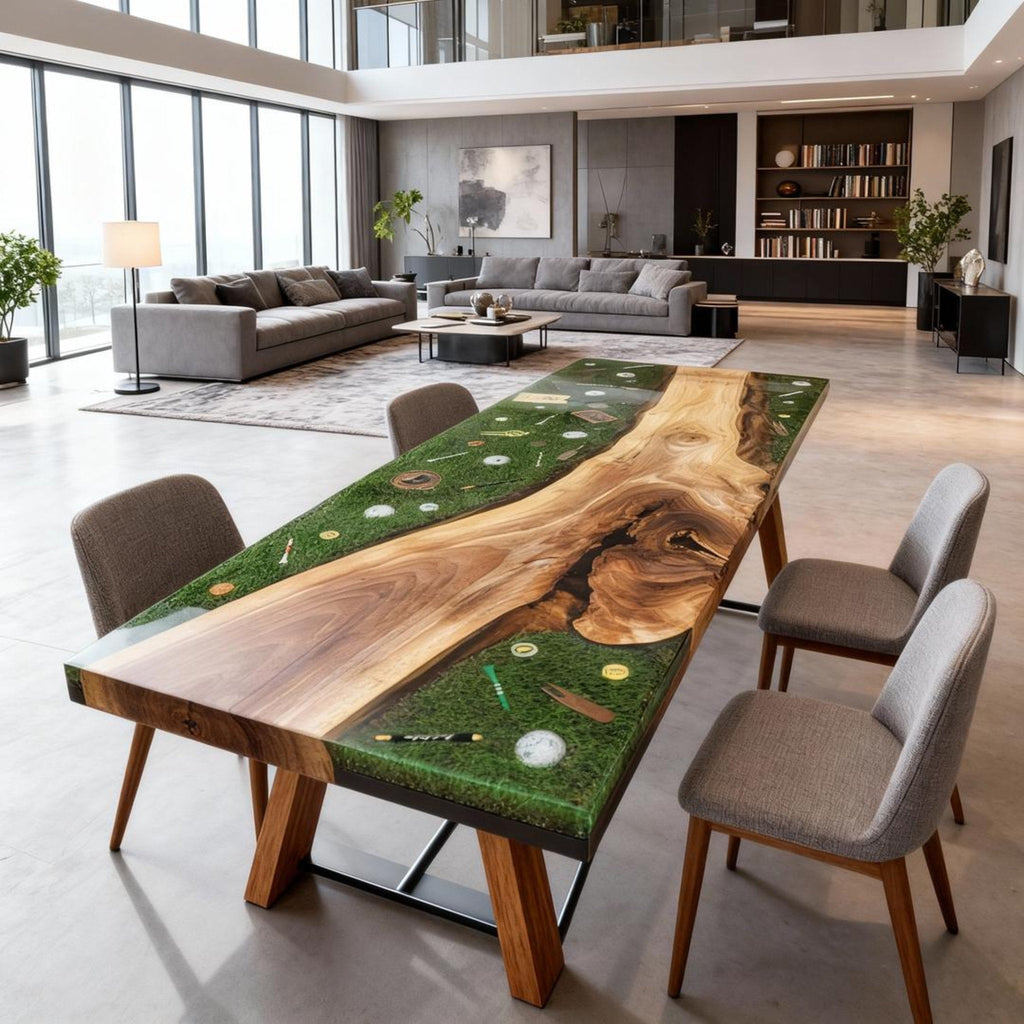 Table rivière personnalisée en résine époxy noyer vert émeraude QJP-742