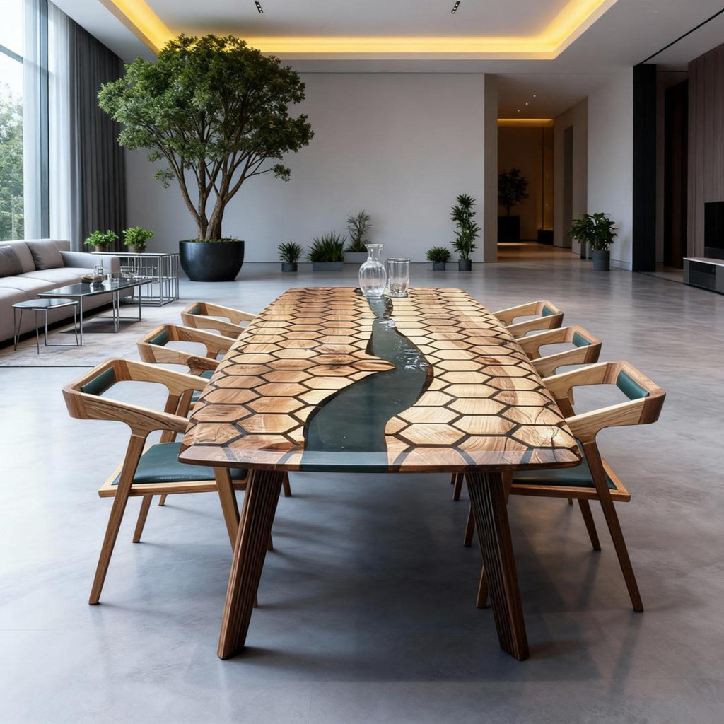 Custom Walnut Epoxy Resin River Table Emerald Green Resin RZQ-728