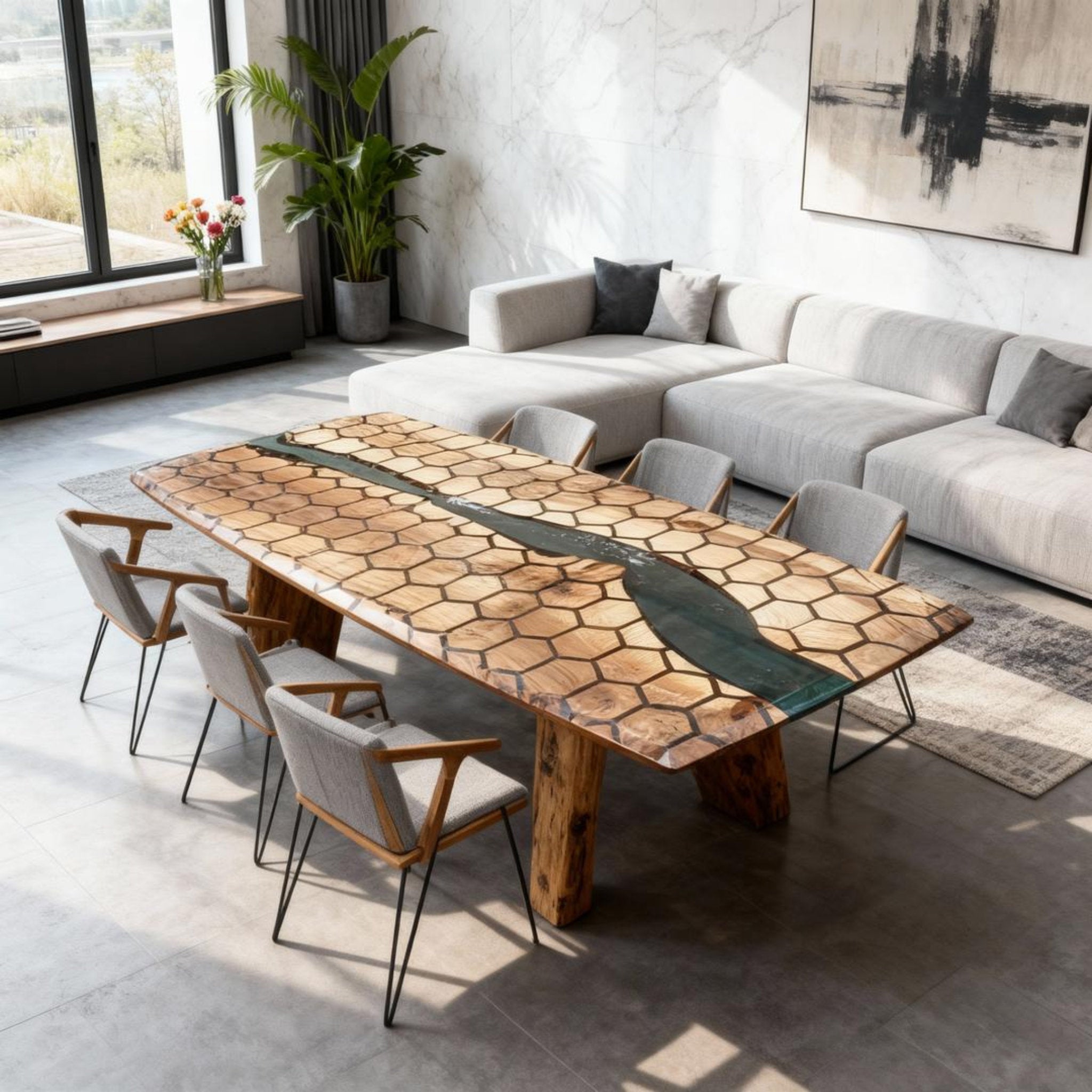 Table rivière personnalisée en résine époxy noyer vert émeraude RZQ-728