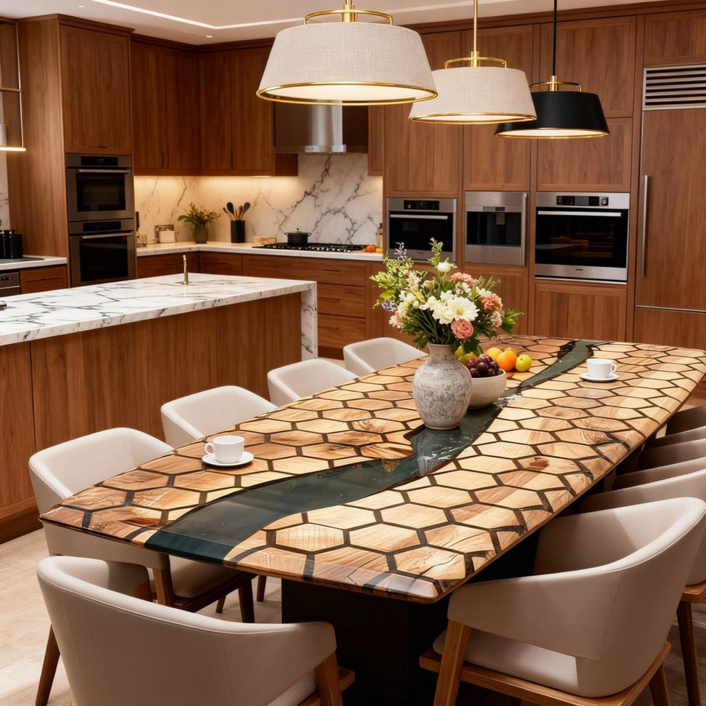 Custom Walnut Epoxy Resin River Table Emerald Green Resin RZQ-728