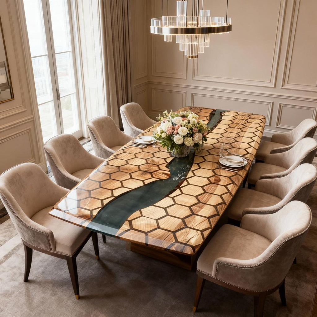 Custom Walnut Epoxy Resin River Table Emerald Green Resin RZQ-728