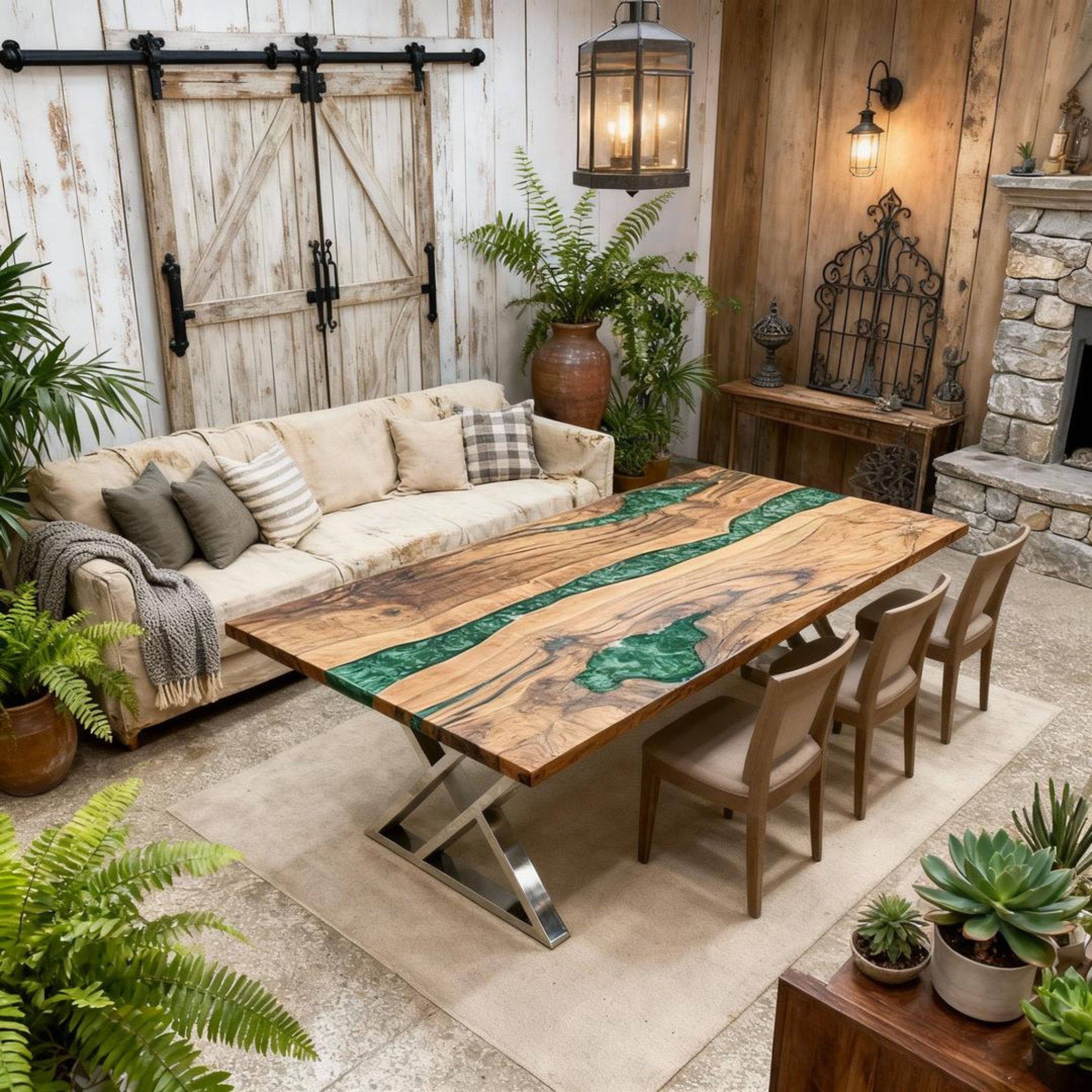 Table rivière personnalisée en résine époxy et noyer, couleur jade émeraude, KJP-742