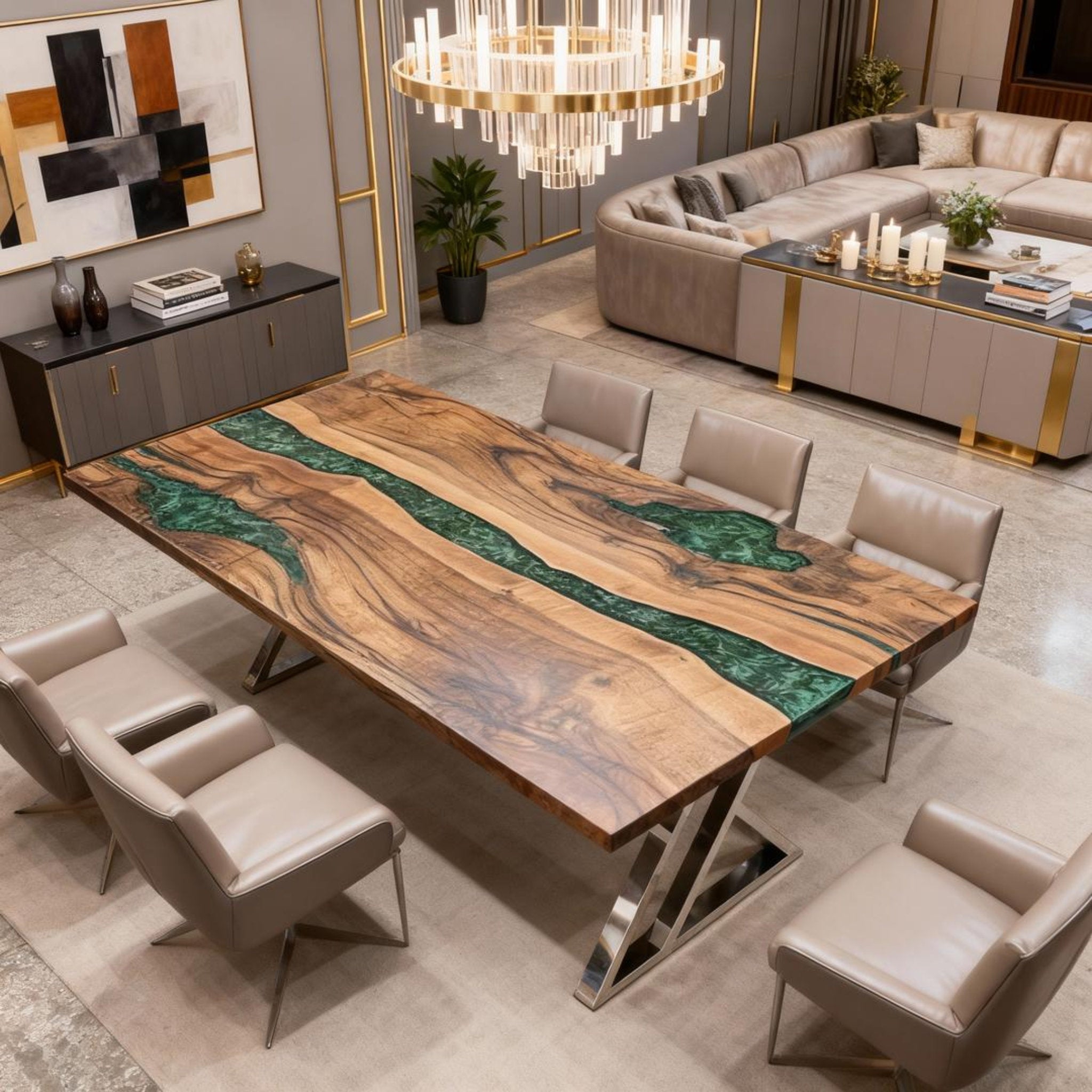 Table rivière personnalisée en résine époxy et noyer, couleur jade émeraude, KJP-742