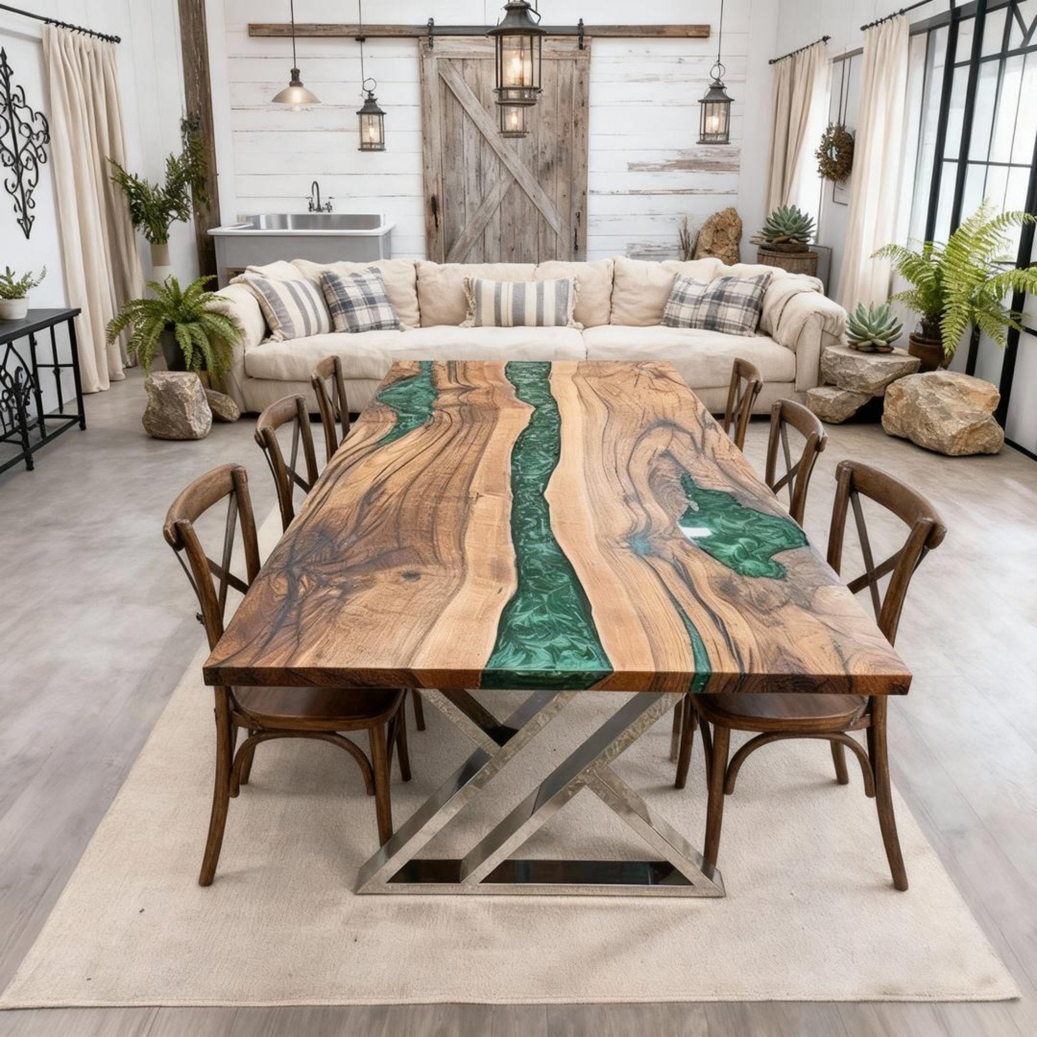 Table rivière personnalisée en résine époxy et noyer, couleur jade émeraude, KJP-742