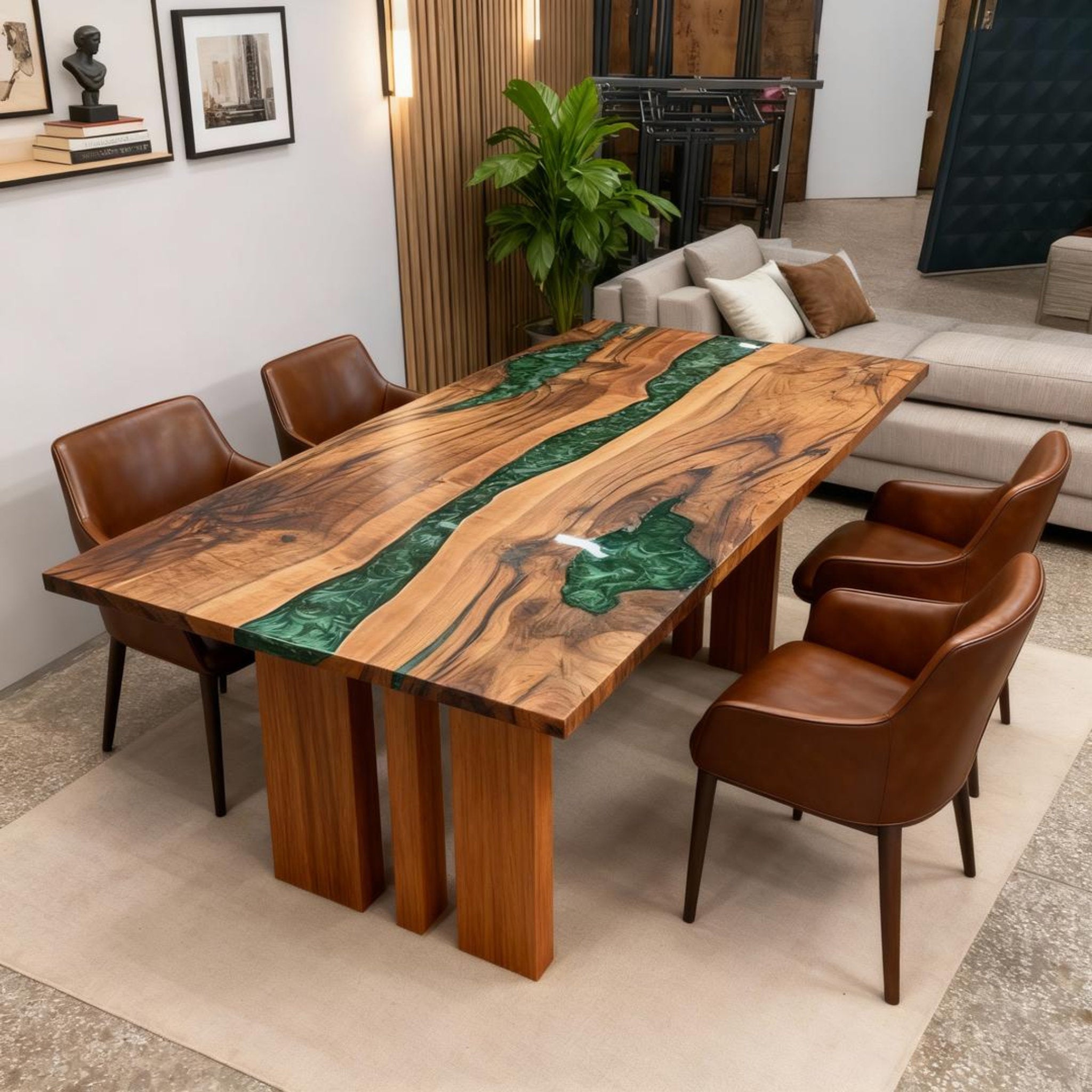 Table rivière personnalisée en résine époxy et noyer, couleur jade émeraude, KJP-742