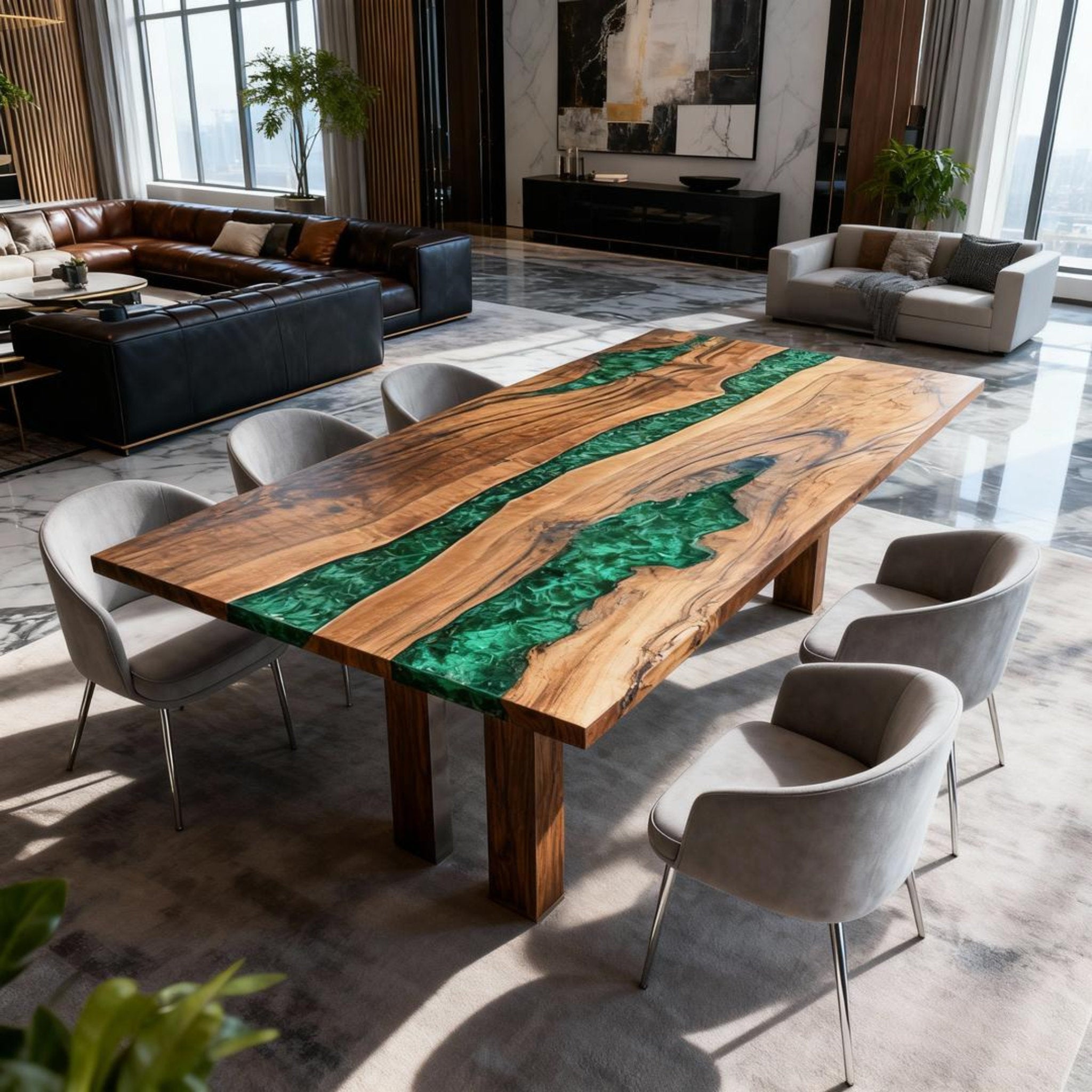 Table rivière personnalisée en résine époxy et noyer, couleur jade émeraude, KJP-742