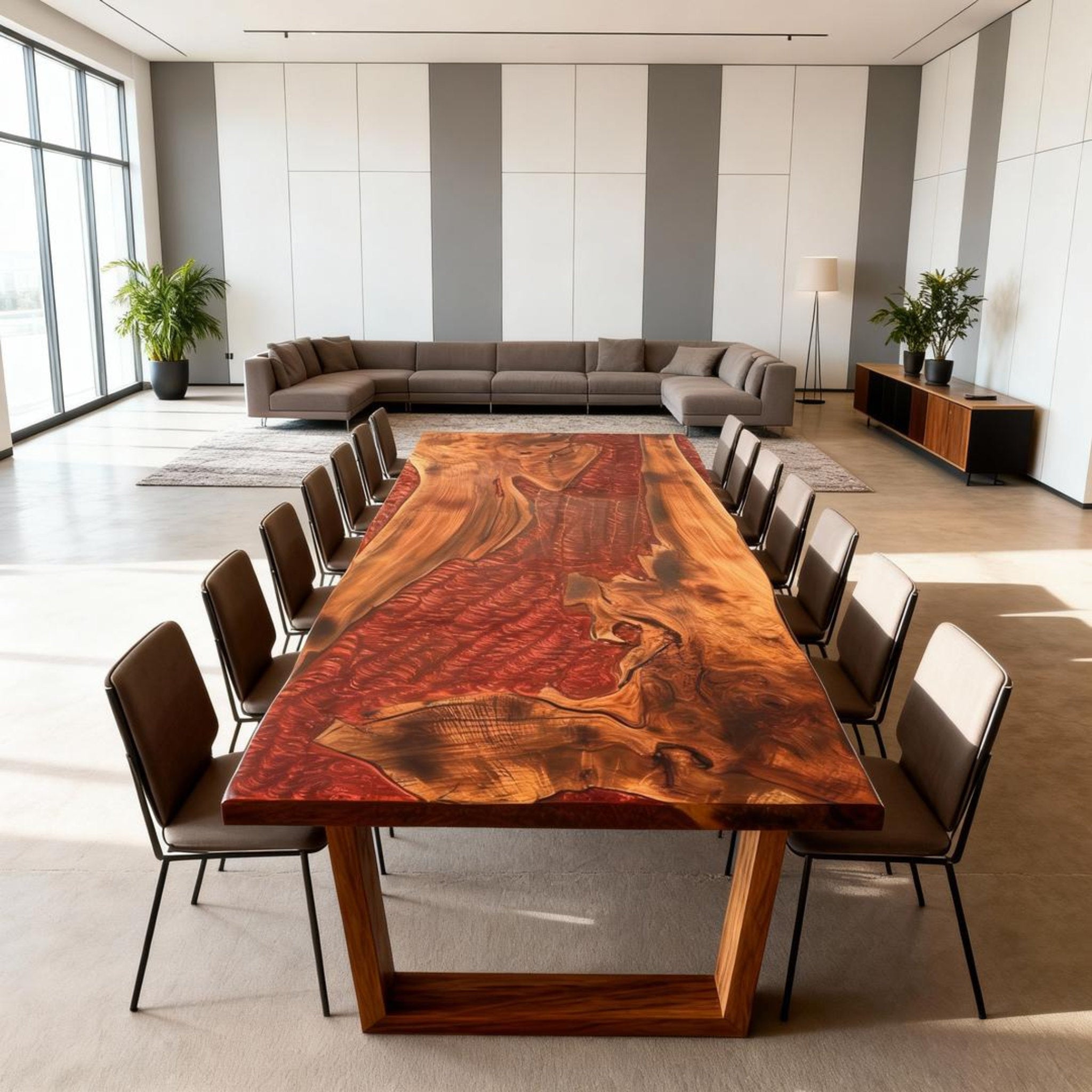 Table rivière en résine époxy rouge grenat sur mesure, noyer, NQH-742