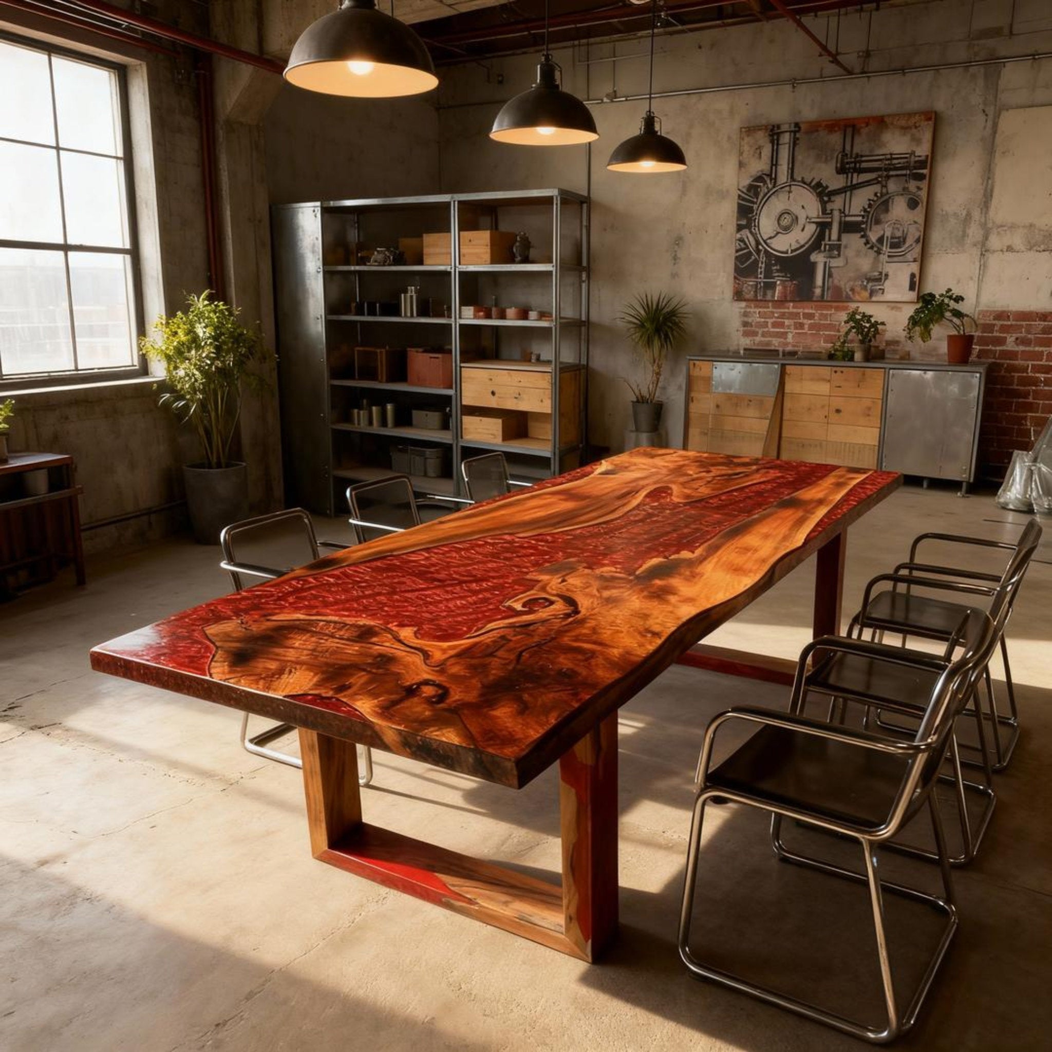 Table rivière en résine époxy rouge grenat sur mesure, noyer, NQH-742