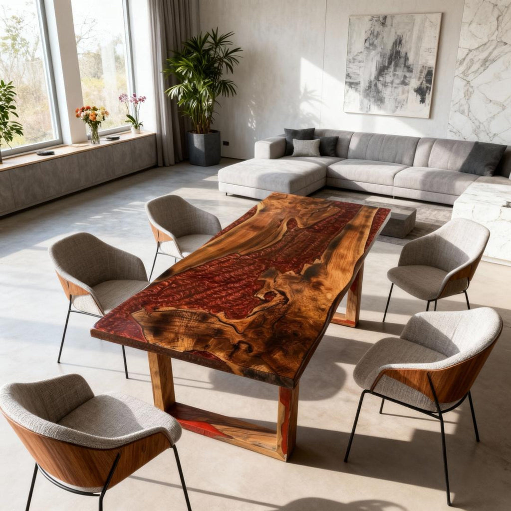 Table rivière en résine époxy rouge grenat sur mesure, noyer, NQH-742