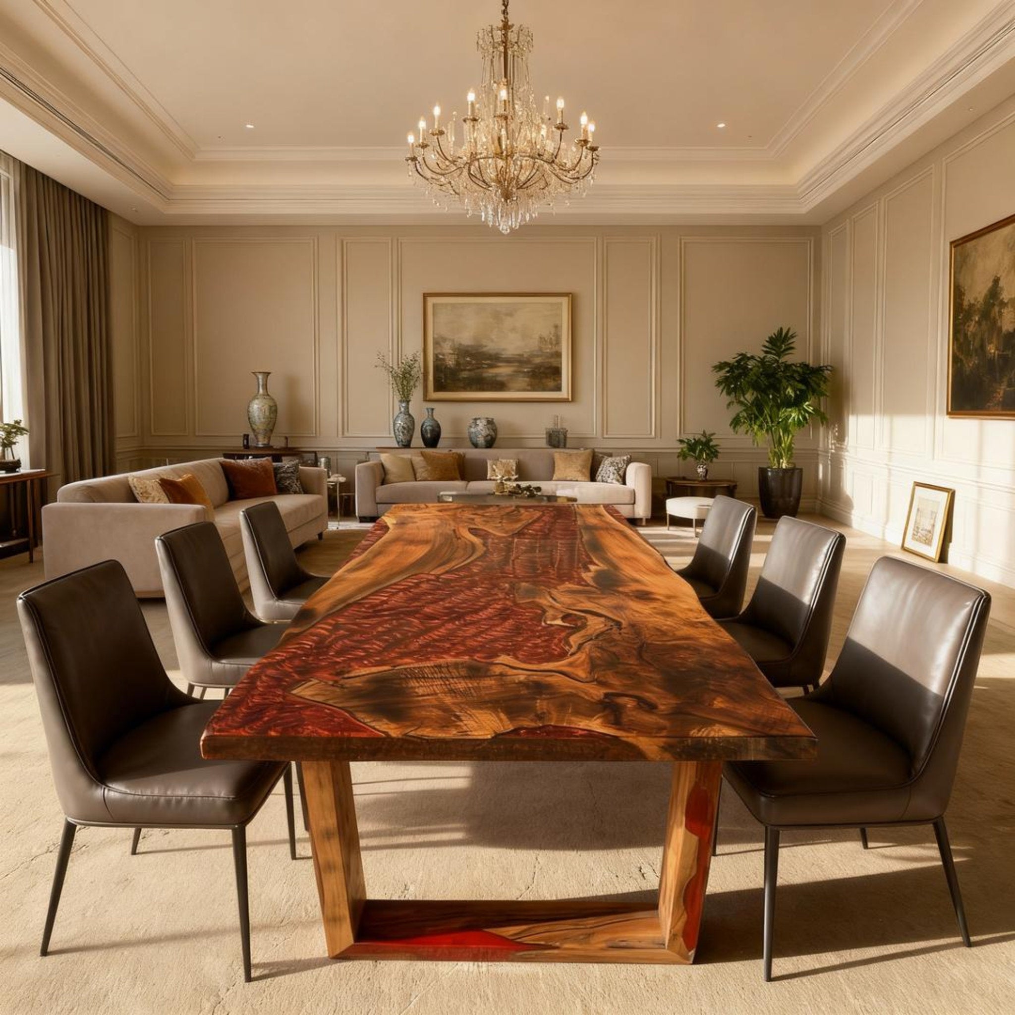 Table rivière en résine époxy rouge grenat sur mesure, noyer, NQH-742