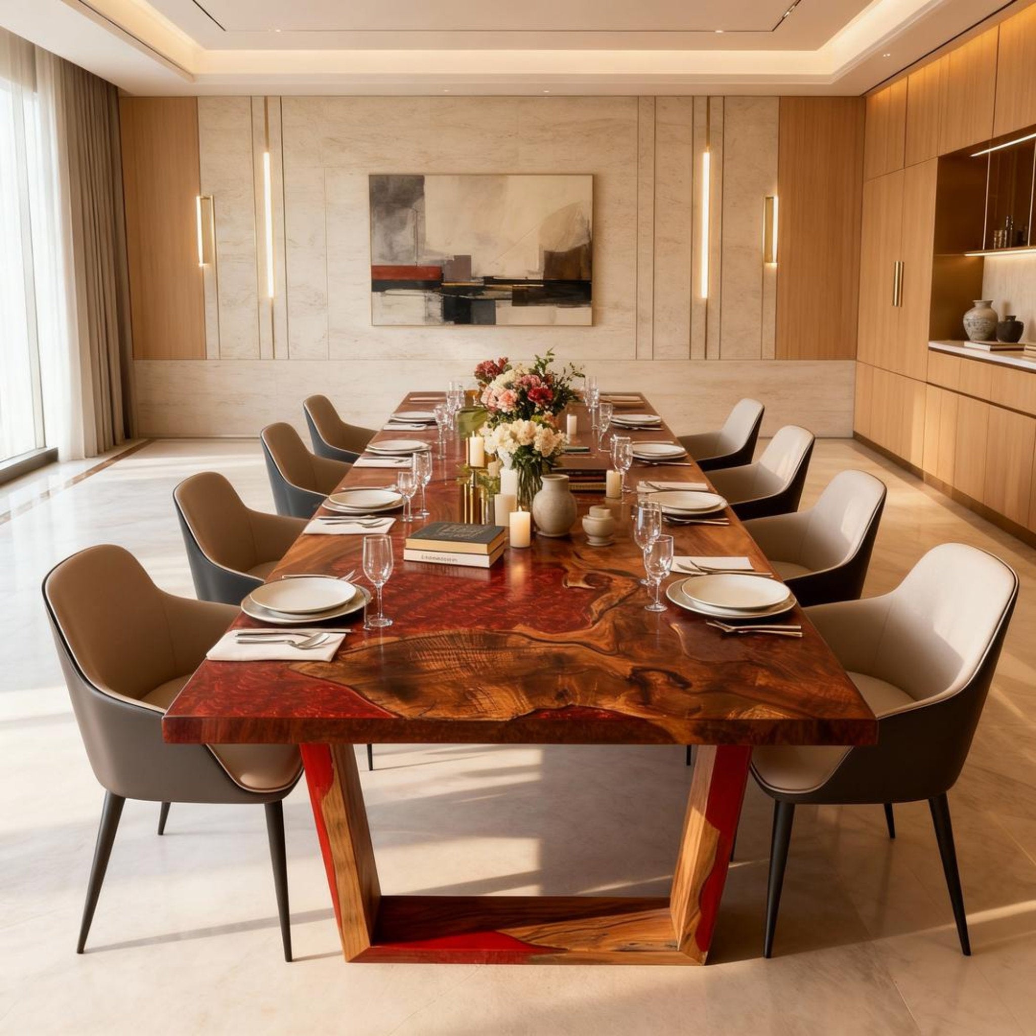 Table rivière en résine époxy rouge grenat sur mesure, noyer, NQH-742