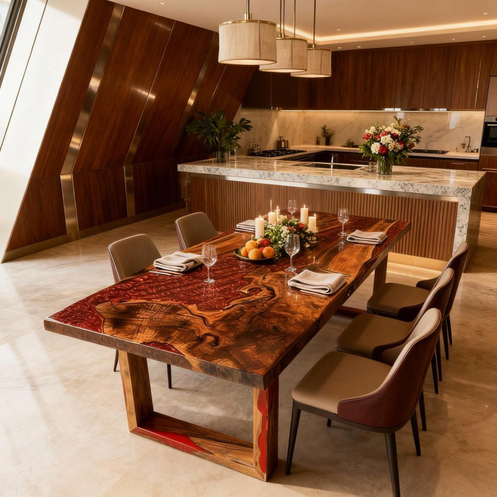 Table rivière en résine époxy rouge grenat sur mesure, noyer, NQH-742