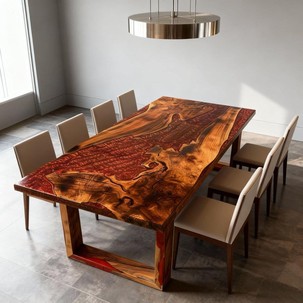 Table rivière en résine époxy rouge grenat sur mesure, noyer, NQH-742