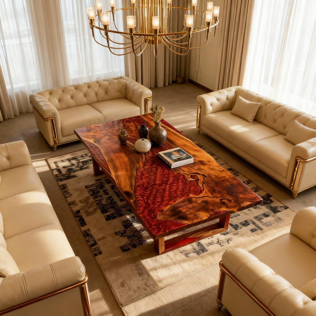 Table rivière en résine époxy rouge grenat sur mesure, noyer, NQH-742