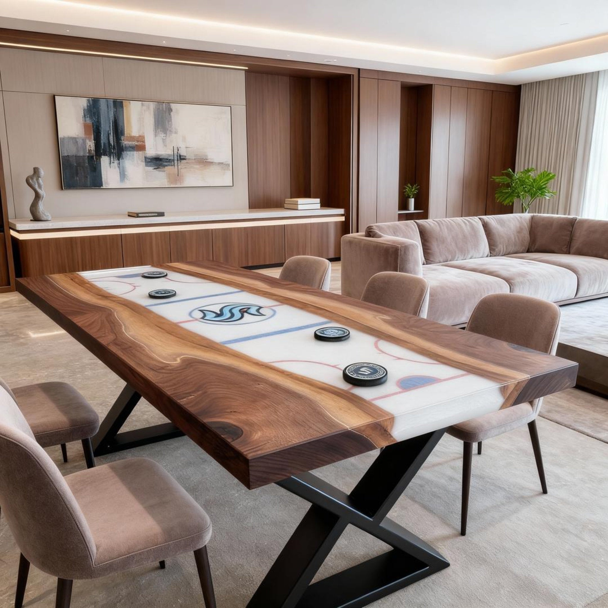 Table rivière personnalisée en résine époxy et noyer, blanc glacier NQF-742