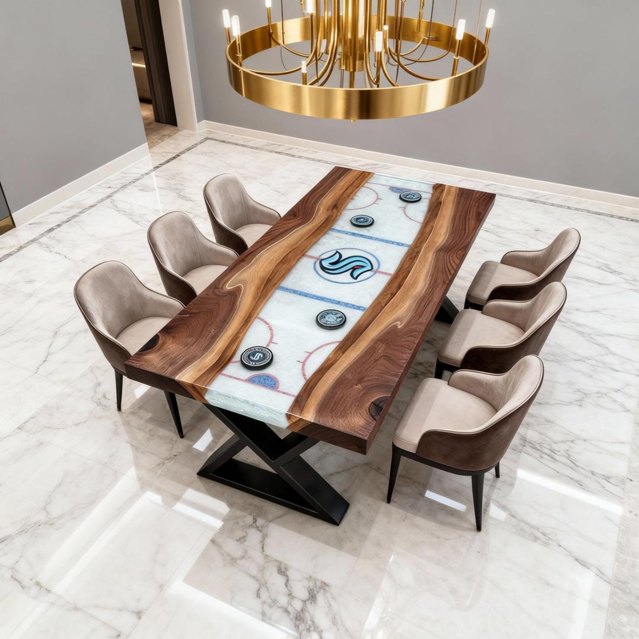 Table rivière personnalisée en résine époxy et noyer, blanc glacier NQF-742