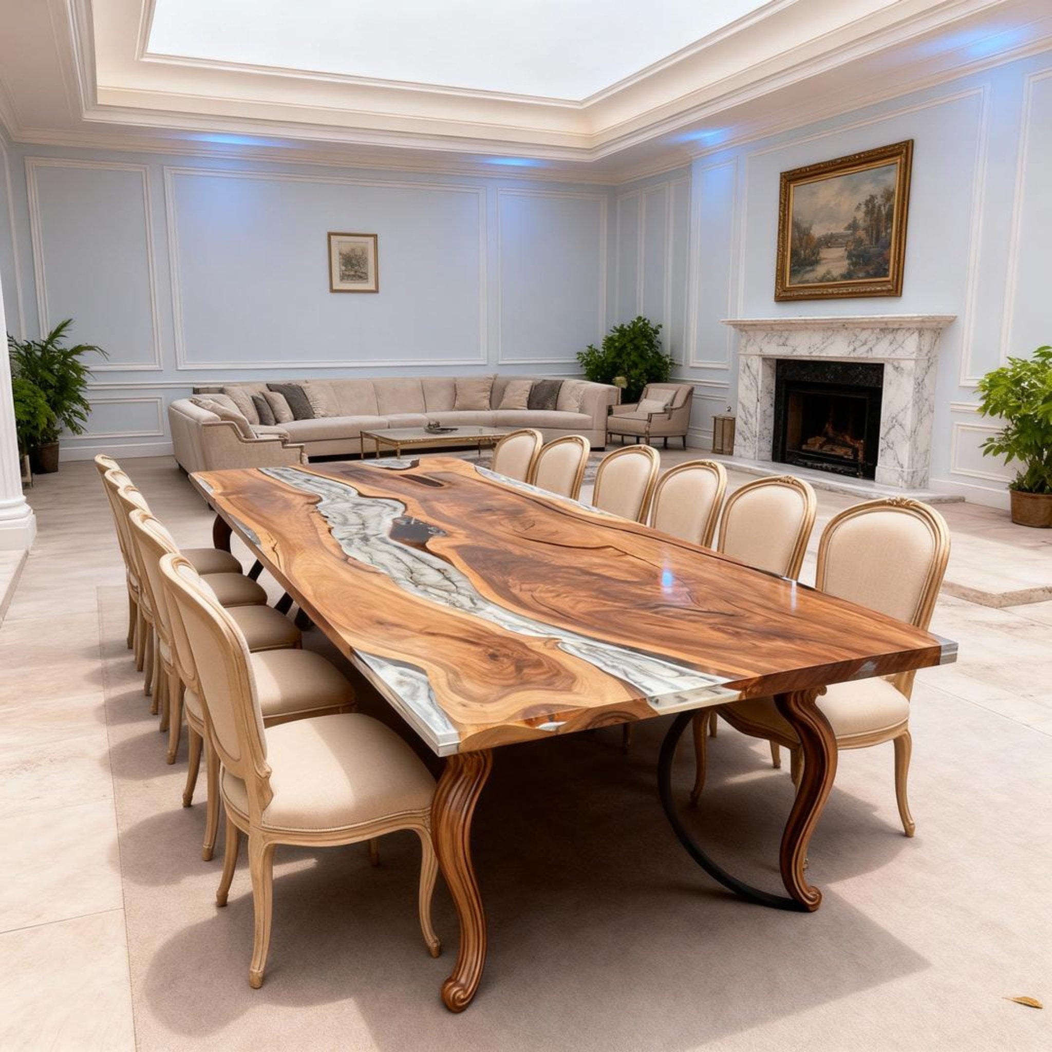 Table rivière personnalisée en résine époxy et noyer, bleu glacier effet verre de mer KQN-482