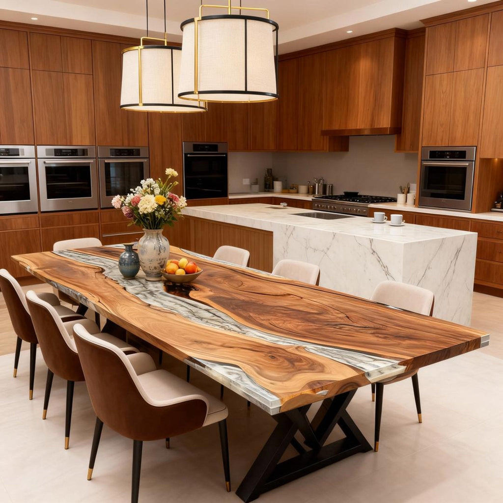 Table rivière personnalisée en résine époxy et noyer, bleu glacier effet verre de mer KQN-482