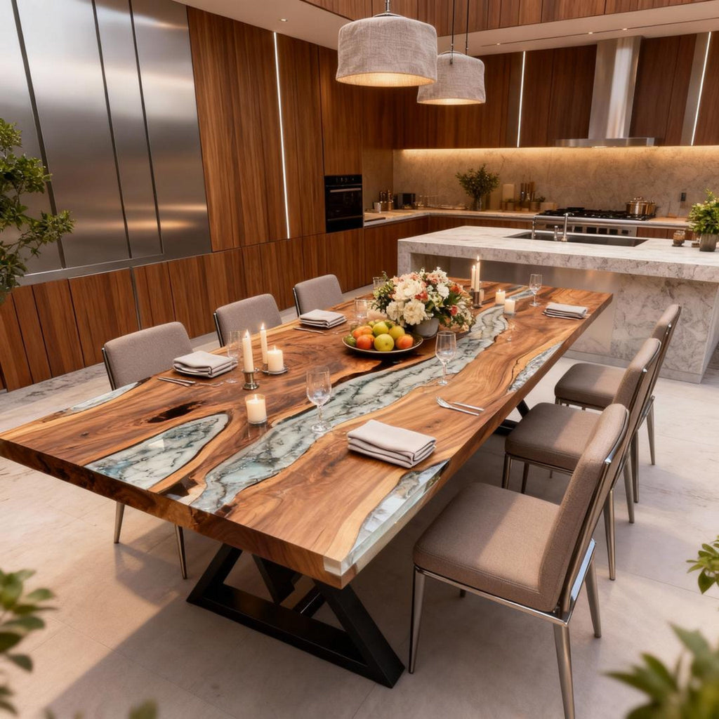 Table rivière personnalisée en résine époxy et noyer, bleu glacier effet verre de mer KQN-482