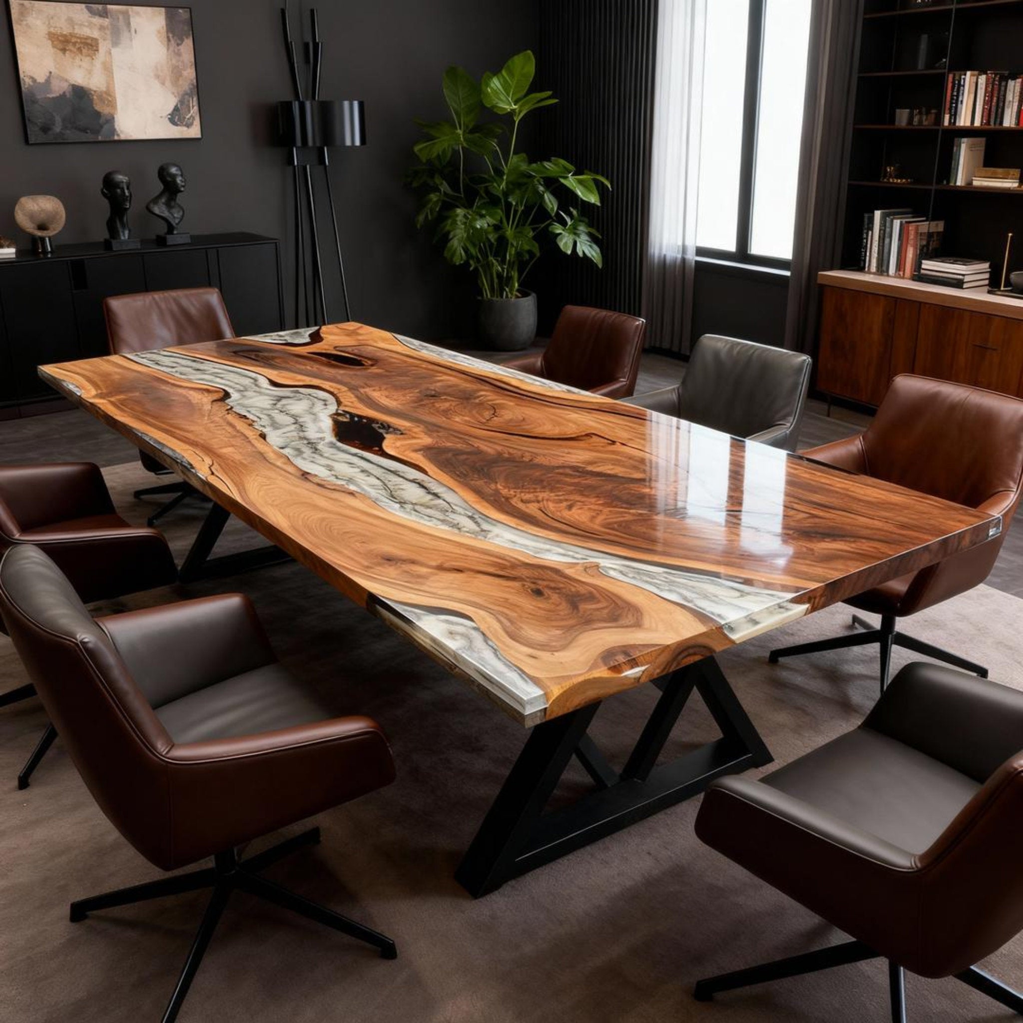 Table rivière personnalisée en résine époxy et noyer, bleu glacier effet verre de mer KQN-482