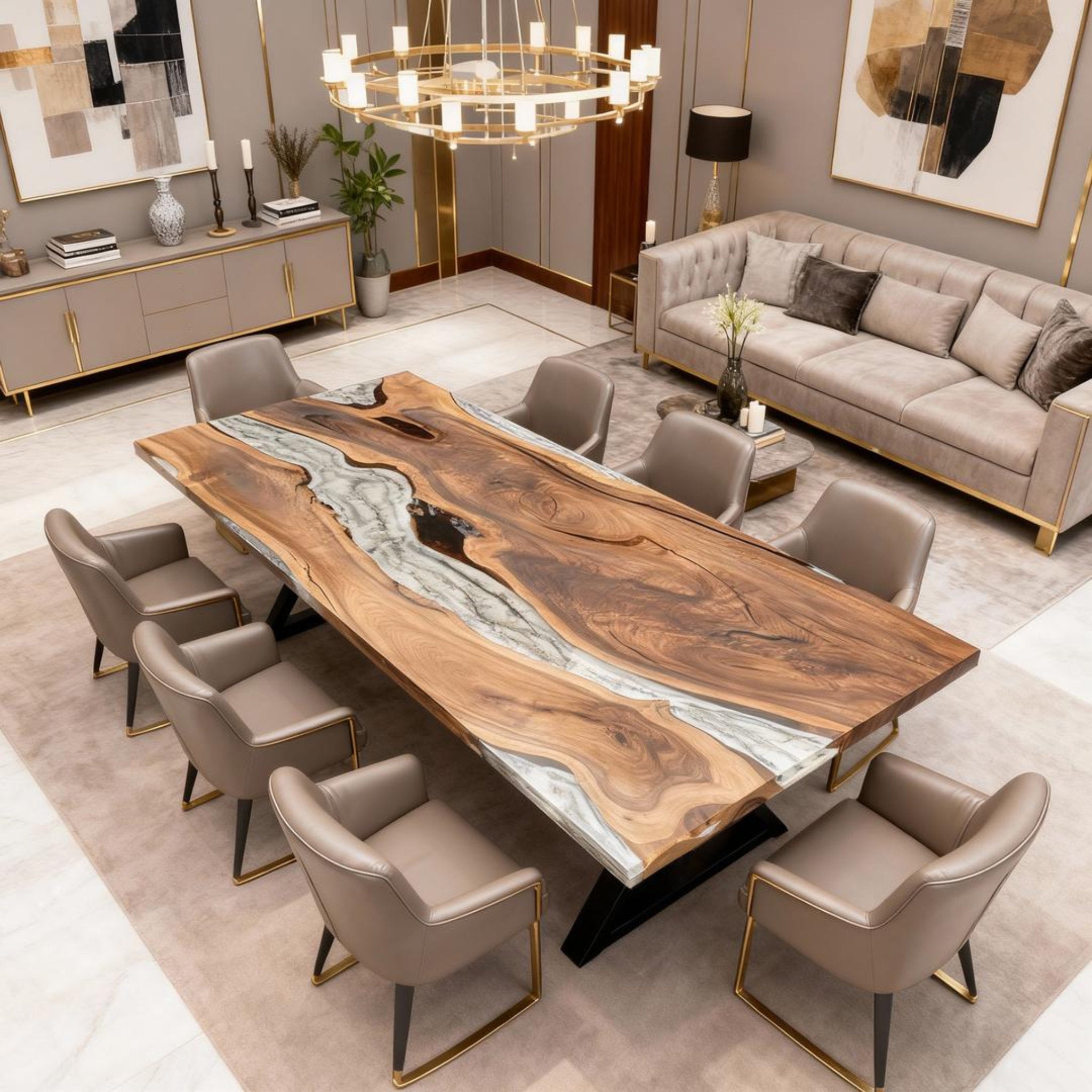 Table rivière personnalisée en résine époxy et noyer, bleu glacier effet verre de mer KQN-482