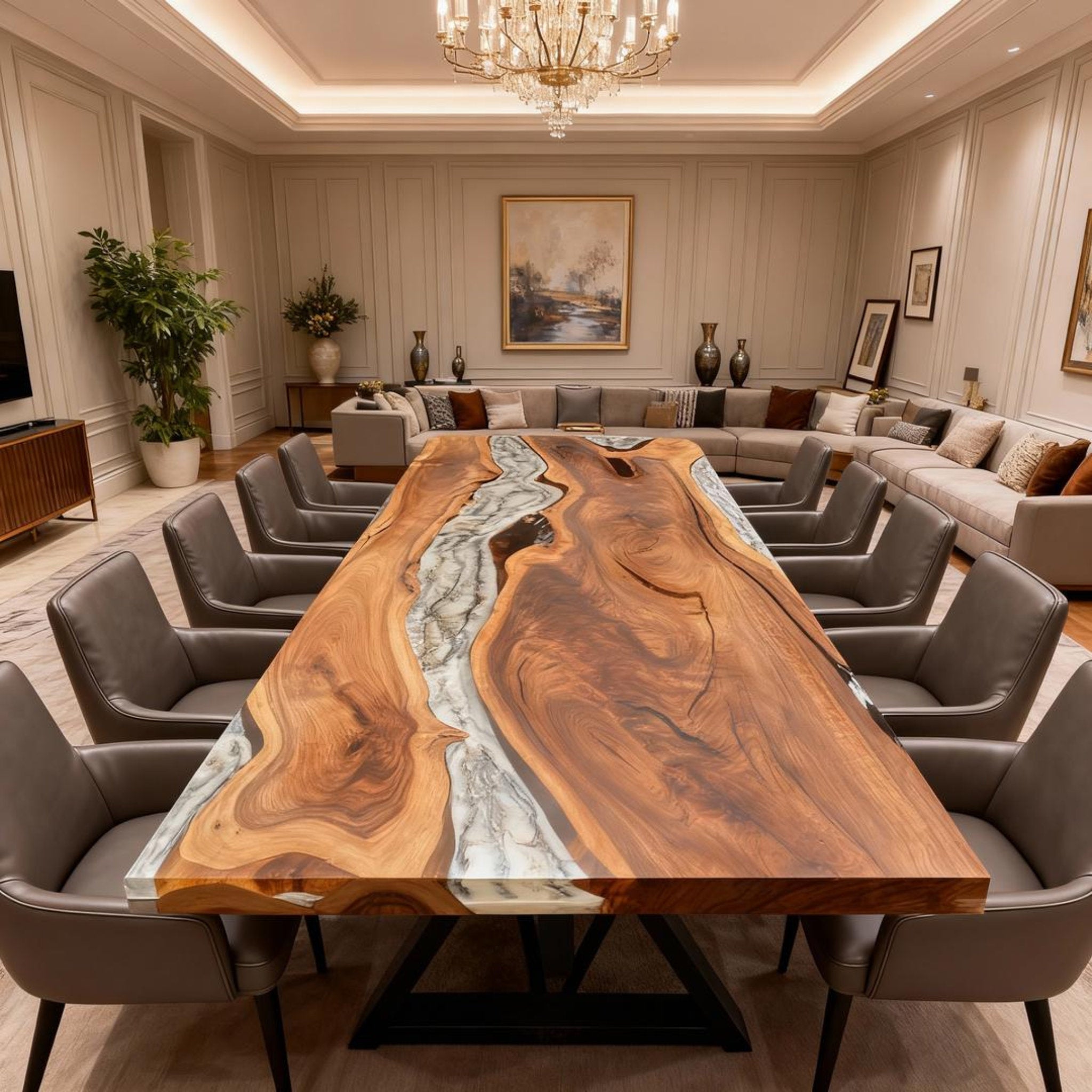 Table rivière personnalisée en résine époxy et noyer, bleu glacier effet verre de mer KQN-482