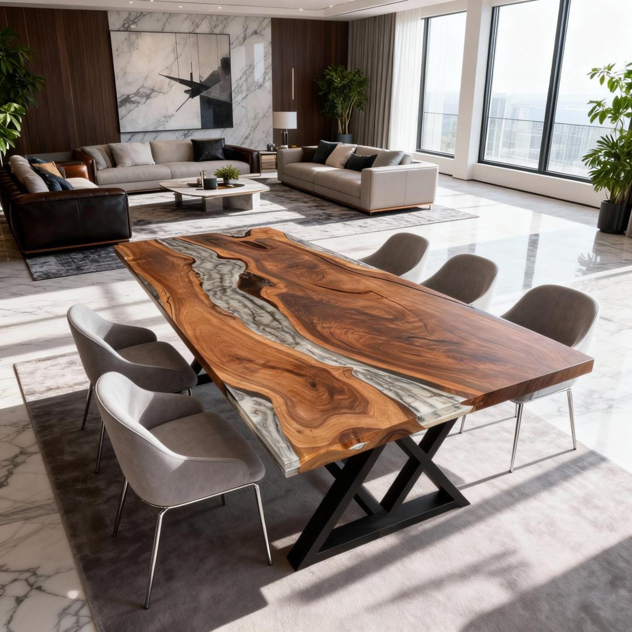 Table rivière personnalisée en résine époxy et noyer, bleu glacier effet verre de mer KQN-482