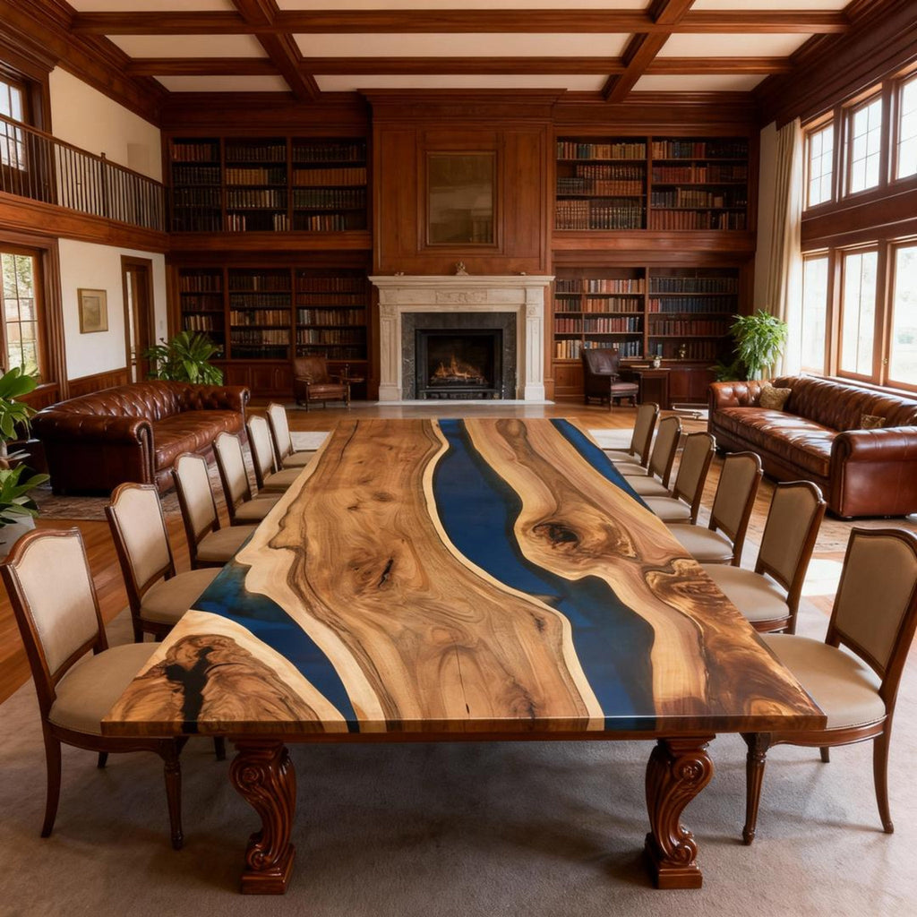 Custom Walnut Epoxy Resin River Table Midnight Blue VQH-482