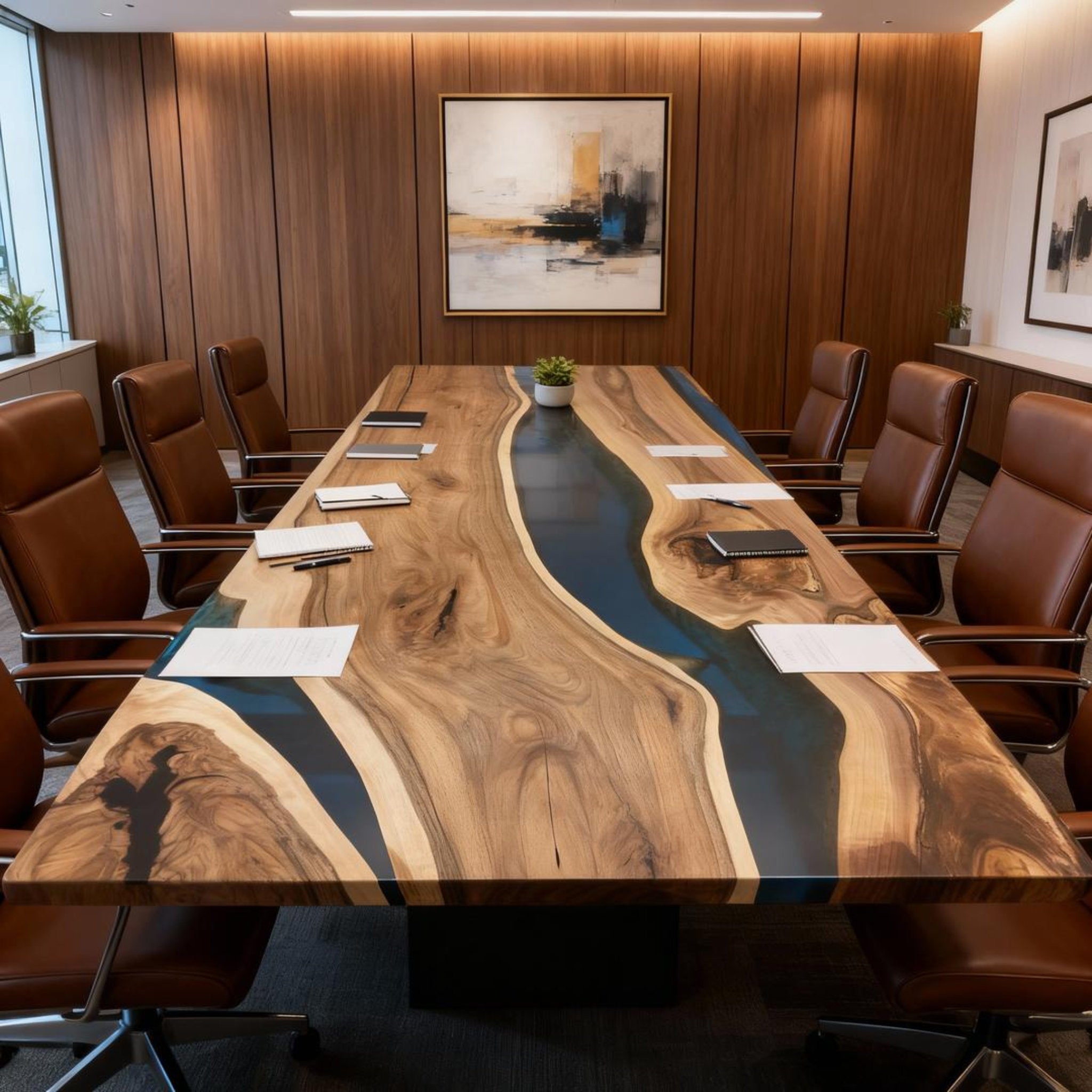 Table rivière personnalisée en résine époxy et noyer bleu nuit VQH-482