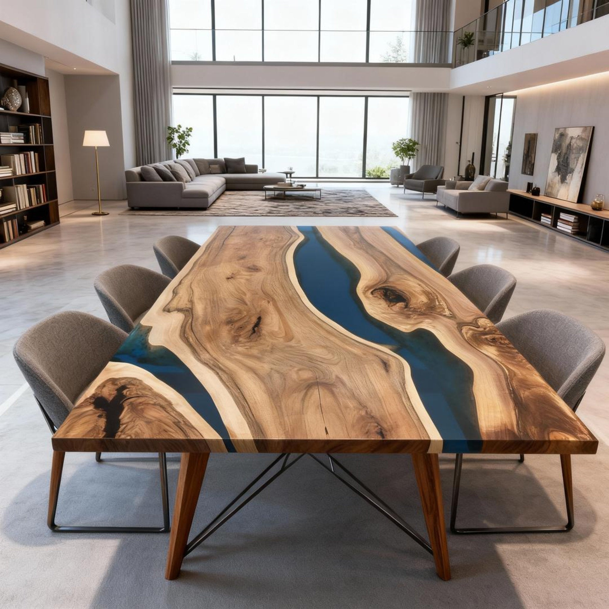 Table rivière personnalisée en résine époxy et noyer bleu nuit VQH-482