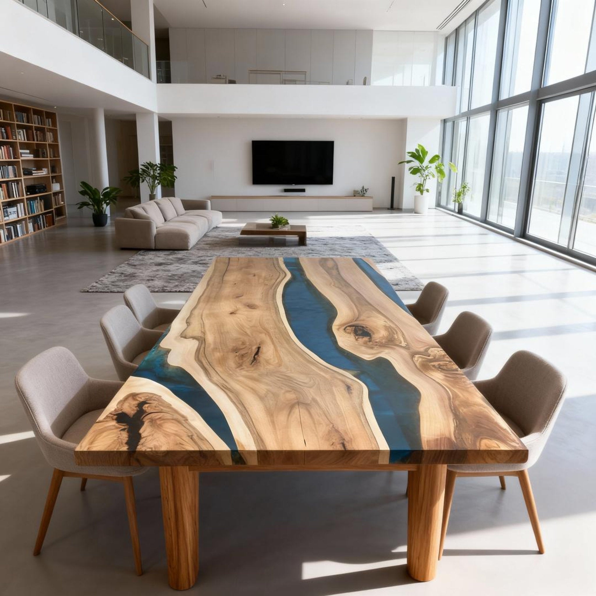 Table rivière personnalisée en résine époxy et noyer bleu nuit VQH-482