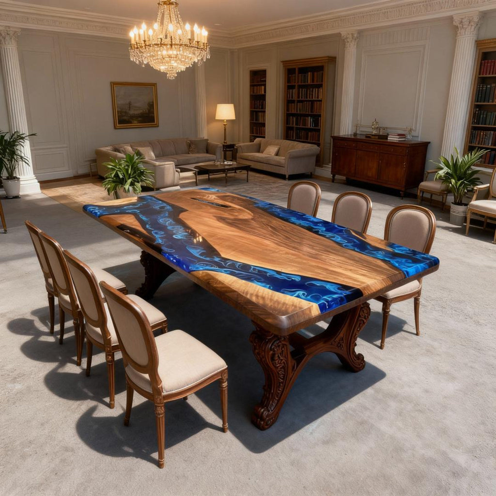 Custom Walnut Epoxy Resin River Table Midnight Blue ZQF-73
