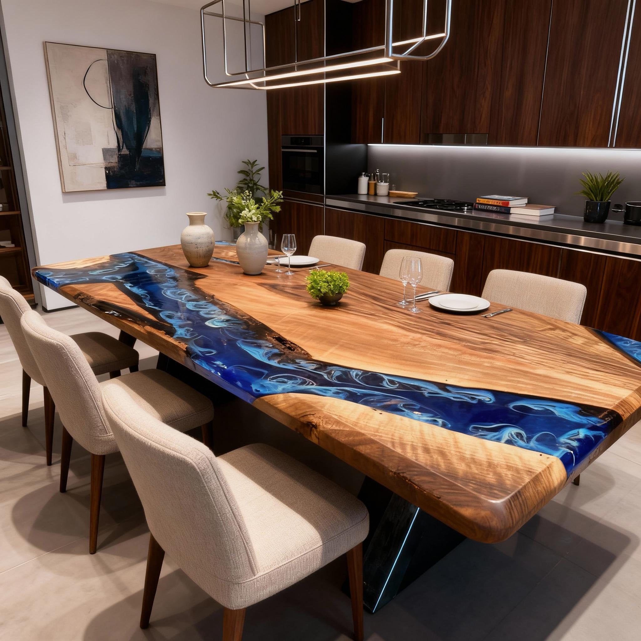 Table rivière personnalisée en résine époxy et noyer bleu nuit ZQF-73