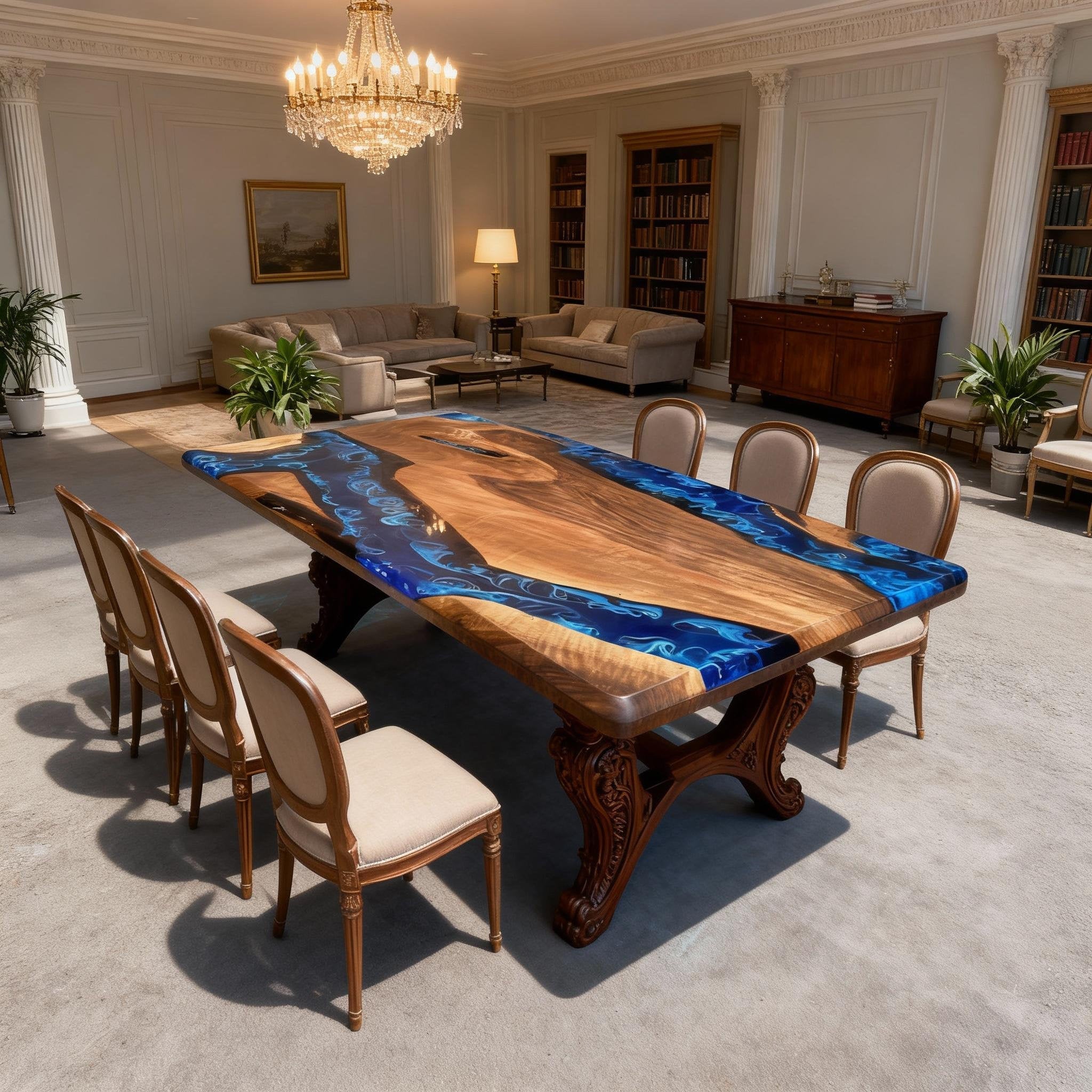 Custom Walnut Epoxy Resin River Table Midnight Blue ZQF-73