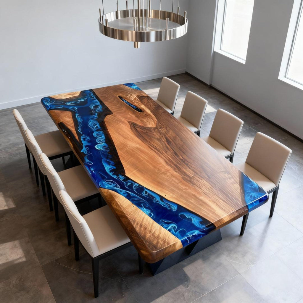 Custom Walnut Epoxy Resin River Table Midnight Blue ZQF-73