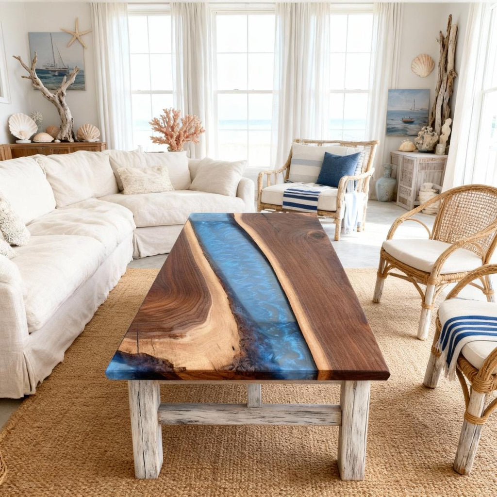 Table rivière sur mesure en résine époxy et noyer, bleu océan nuit RNV-672