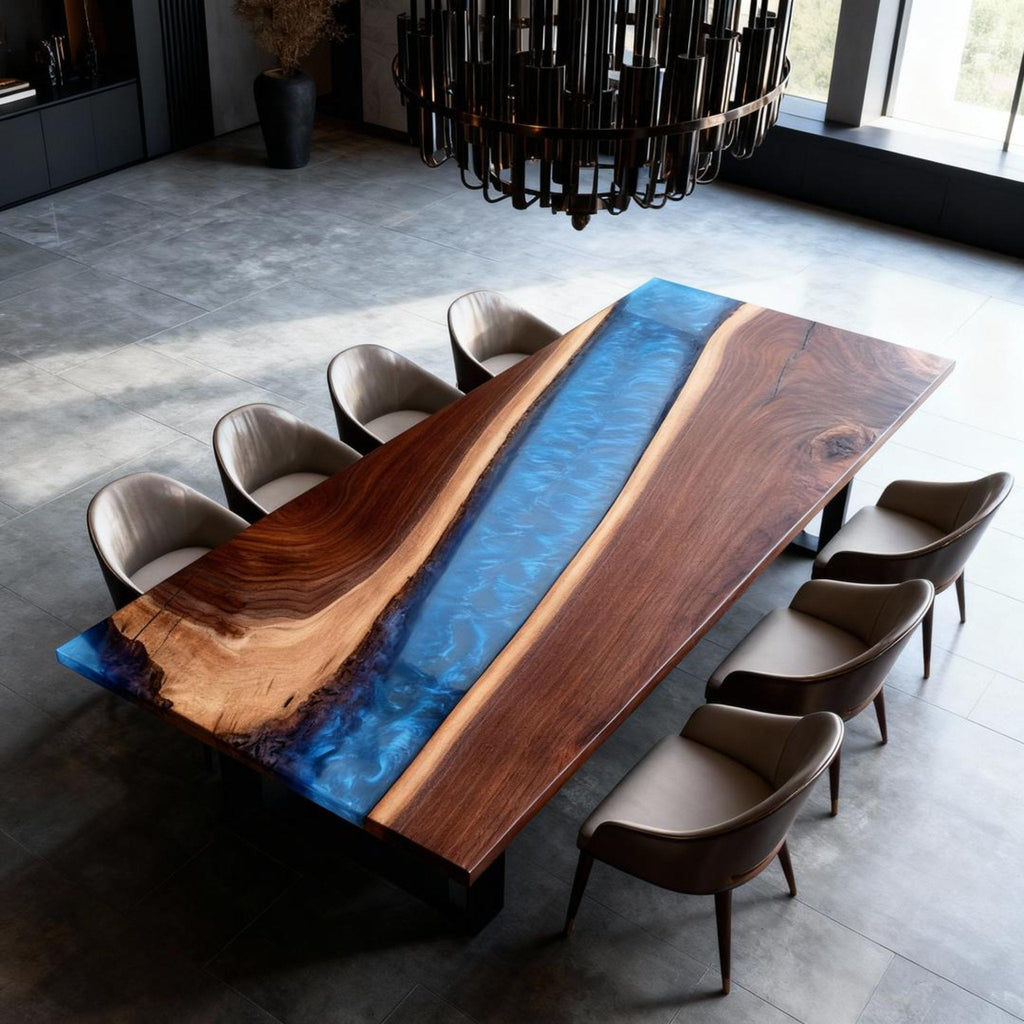 Table rivière sur mesure en résine époxy et noyer, bleu océan nuit RNV-672