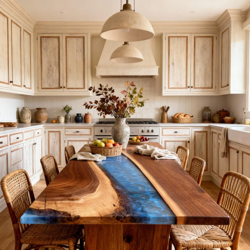 Table rivière sur mesure en résine époxy et noyer, bleu océan nuit RNV-672