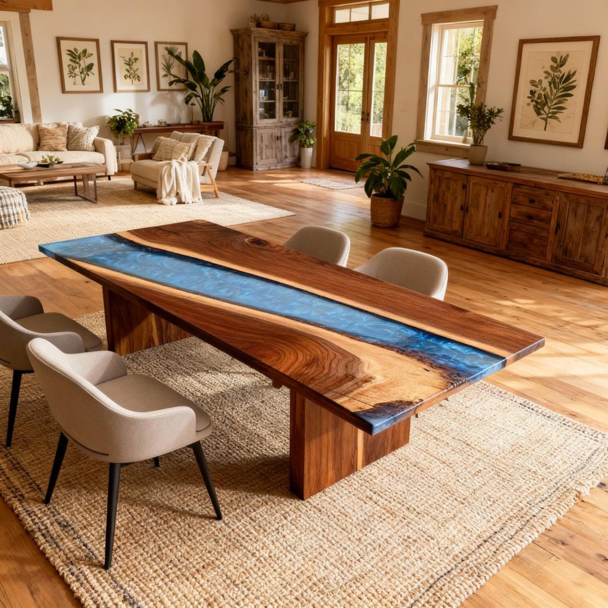 Table rivière sur mesure en résine époxy et noyer, bleu océan nuit RNV-672